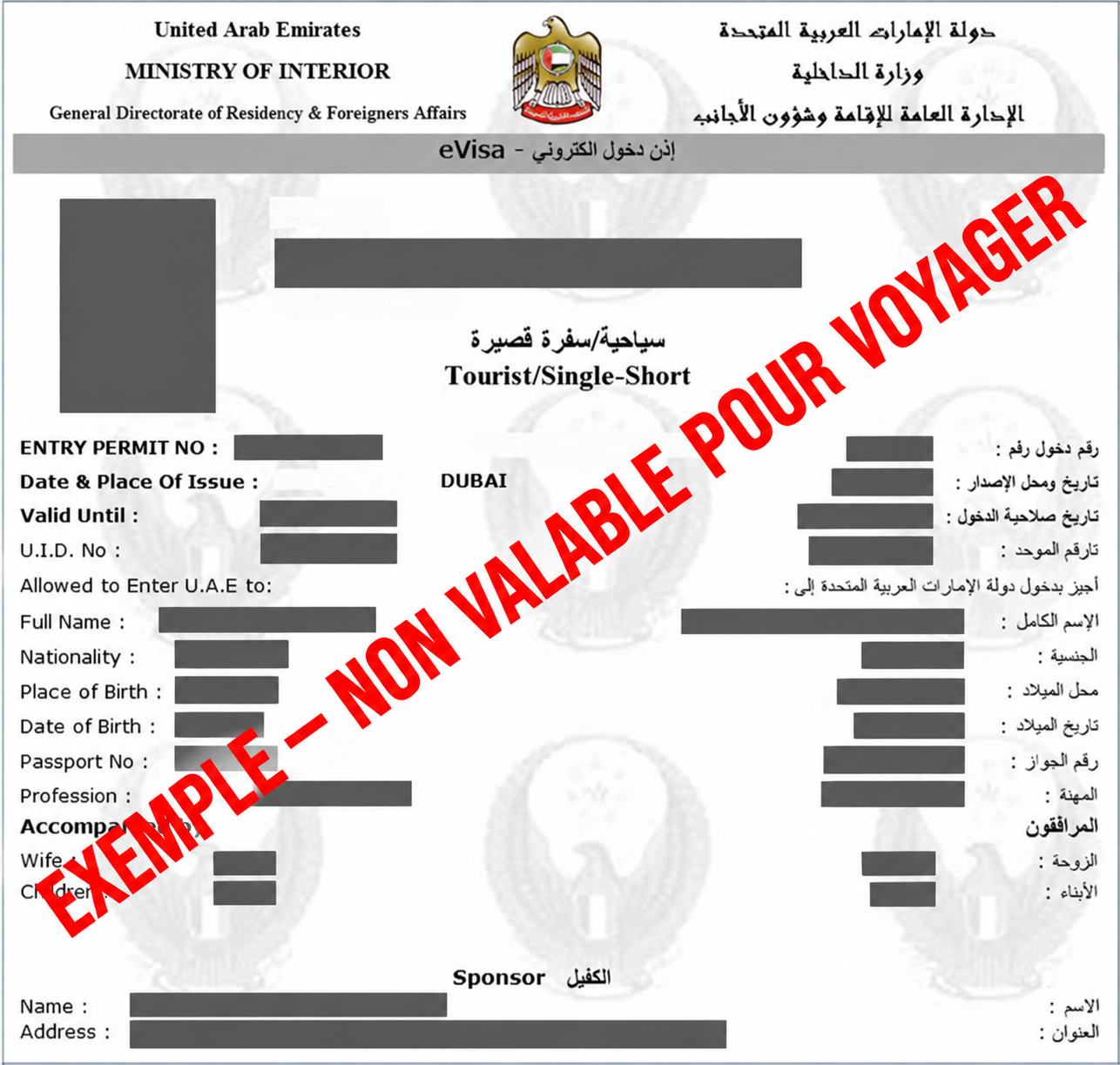 Exemple anonymisé de visa électronique pour Dubaï — document non valable pour voyager